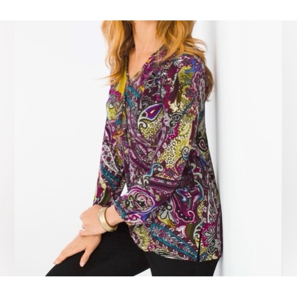 Chico's Sublime Paisley Ruffle V-Neck Blouse Long‎ Sleeve Boho Top 0 Small - Picture 2 of 12